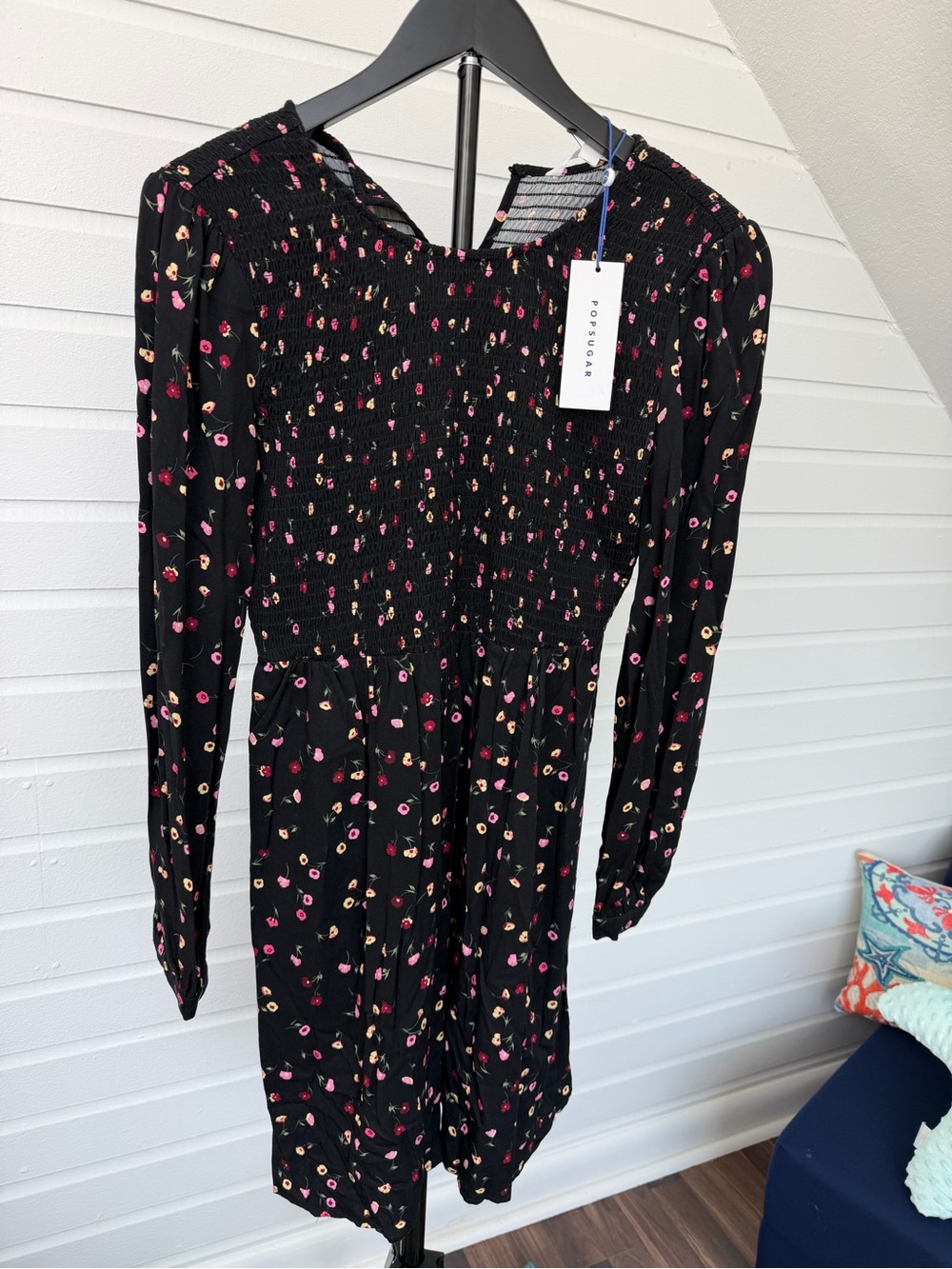 POPSUGAR Black Long-Sleeve Smocked Floral Midi Dress